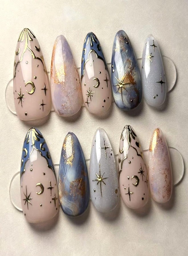 Vopintpy Gold Star Moon French Tip Press on Nails Gold Foil Cat Eye Fake Nails with Design Glossy Long Almond Artificial Stick on Nail Full Cover Acrylic Glue on Nail for Women DIY Manicure - Image 1